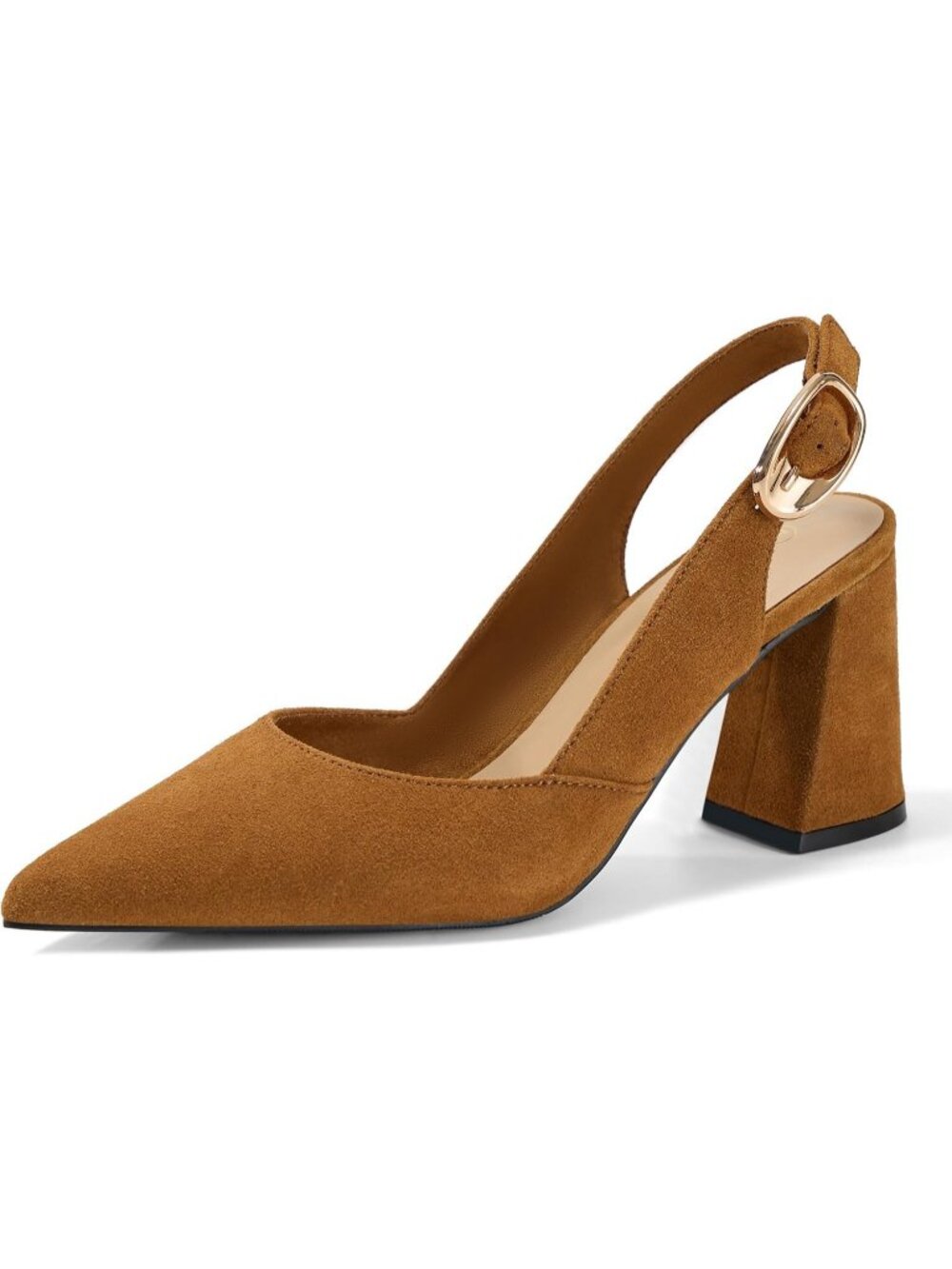 Women's Camel Suede Pointed Toe Slingback Block Heel Adjustable Buckle Pumps